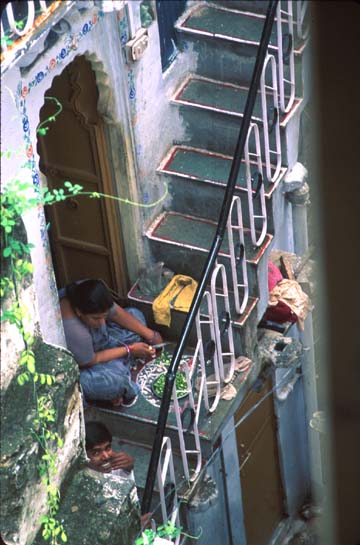 Udaipur View of neighbor chopping peppers in stairwell