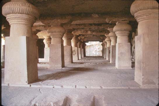 Ellora Cave w columns carved from hill